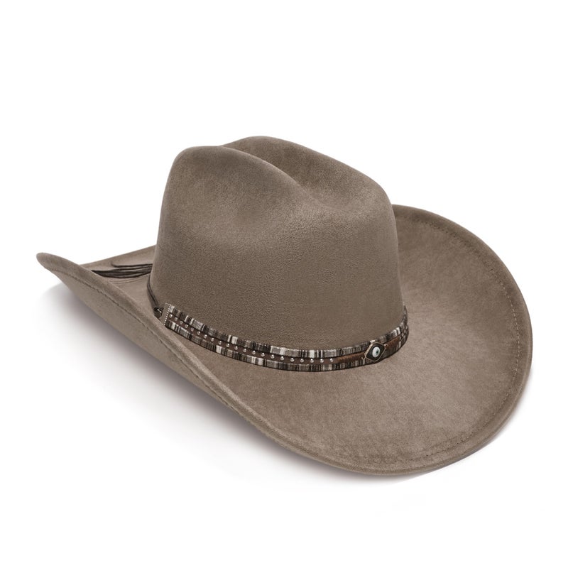 YOUBADU Faux Suede Felt Western Cowboy Hat for Women or Men, Wide Brim, Rivet Strap (US, Alpha, One Size, Medium, Crown Smoky Eye) - Image 1
