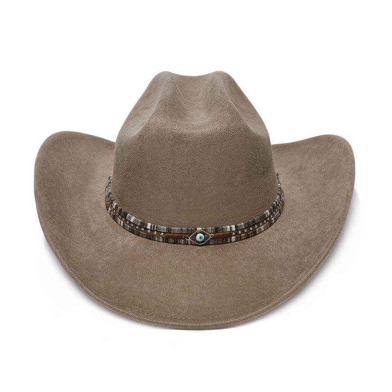YOUBADU Faux Suede Felt Western Cowboy Hat for Women or Men, Wide Brim, Rivet Strap (US, Alpha, One Size, Medium, Crown Smoky Eye) - Image 3