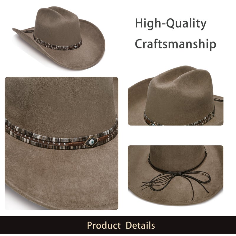 YOUBADU Faux Suede Felt Western Cowboy Hat for Women or Men, Wide Brim, Rivet Strap (US, Alpha, One Size, Medium, Crown Smoky Eye) - Image 5