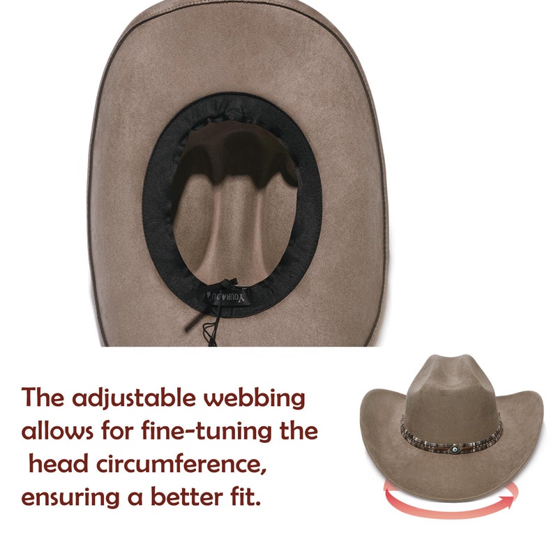 YOUBADU Faux Suede Felt Western Cowboy Hat for Women or Men, Wide Brim, Rivet Strap (US, Alpha, One Size, Medium, Crown Smoky Eye) - Image 4