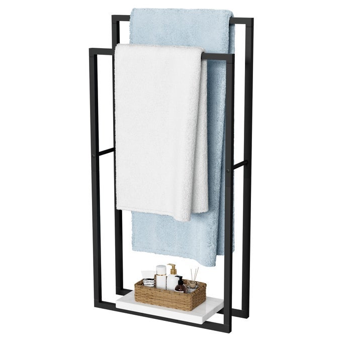 STANDING TOWEL RACKS FOR BATHROOM WITH HEAVY MARBLE BASE 38 H TOWEL RACK STAND FOR BATHROOM 2TIER BLANKET RACK FOR BATHROOM FLOOR MATTE BLACK BTH501BK