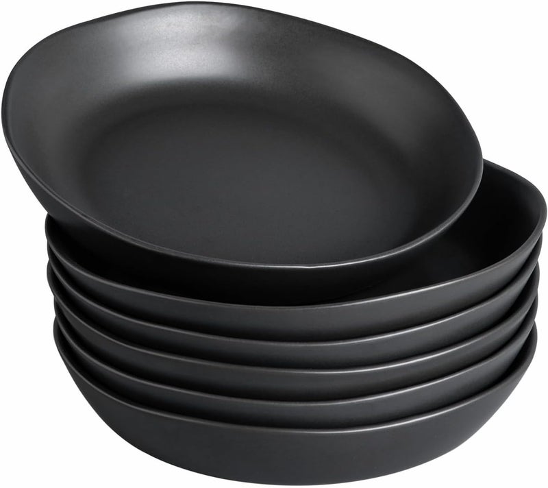 AmorArc 975 Large Ceramic Pasta Bowls 38oz Stoneware Wide Serving Bowls Set of 6 for Kitchen Oven MicrowaveDishwasher Safe Bowls with Wavy Rim for Fruit Pasta Salad Meal Matte Black - Image 1