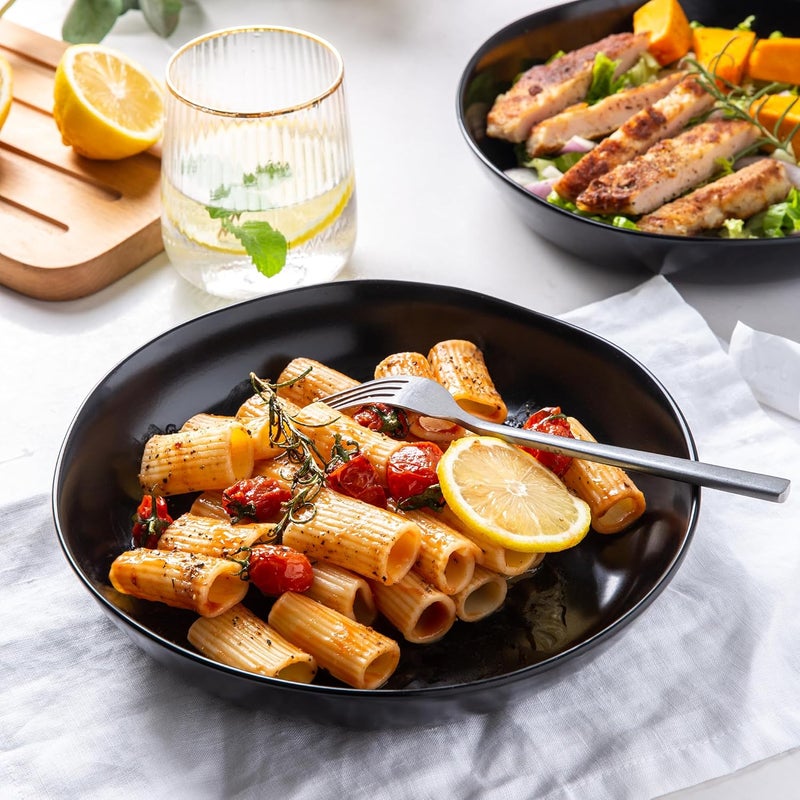 AmorArc 975 Large Ceramic Pasta Bowls 38oz Stoneware Wide Serving Bowls Set of 6 for Kitchen Oven MicrowaveDishwasher Safe Bowls with Wavy Rim for Fruit Pasta Salad Meal Matte Black - Image 3