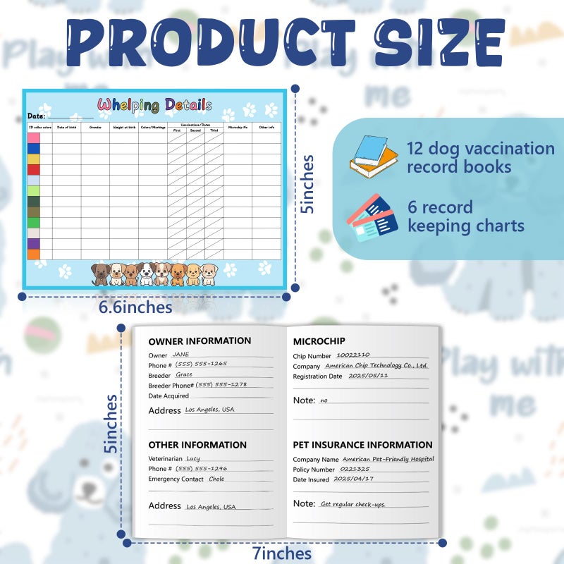SKLENICE Puppy Whelping Supplies Kit Include 12 Puppy Shot Record Booklets 6 Record Keeping Charts 12 Coloured Soft Nylon Puppy Id Collars Newborn Adjustable Breakaway with 2 ID Sticker Identification Pets - Image 3