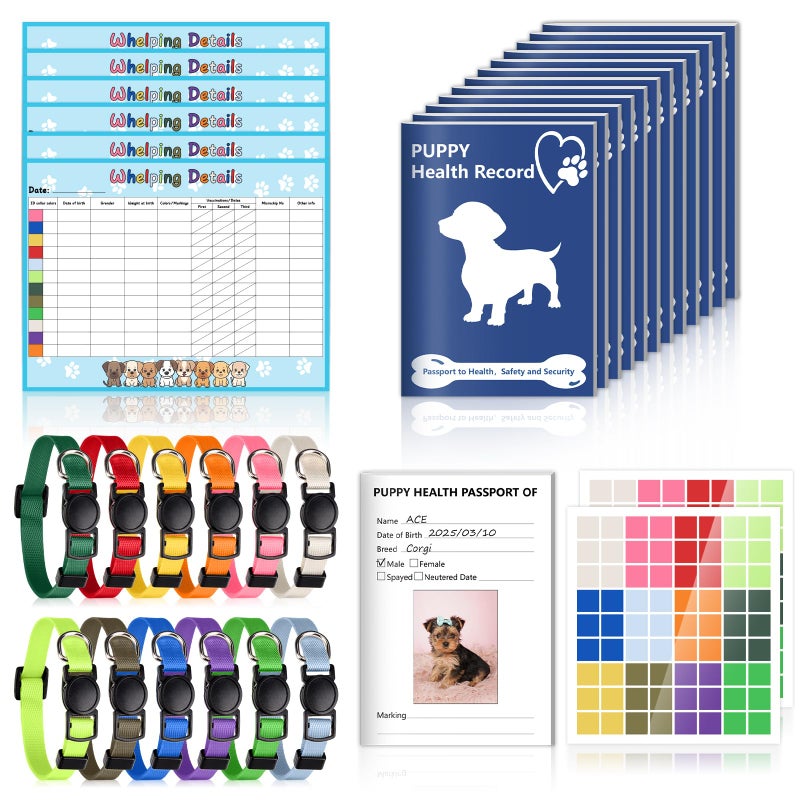 SKLENICE Puppy Whelping Supplies Kit Include 12 Puppy Shot Record Booklets 6 Record Keeping Charts 12 Coloured Soft Nylon Puppy Id Collars Newborn Adjustable Breakaway with 2 ID Sticker Identification Pets - Image 1