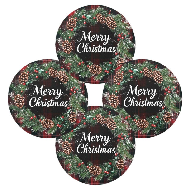 Kcldeci Merry Christmas Round Placemats Set of 4 for Dining Table, Xmas Place Mats Buffalo Check Plaid Wreath Heat Resistant Kitchen Table Mats 15 Inch, Easy to Care - Image 1
