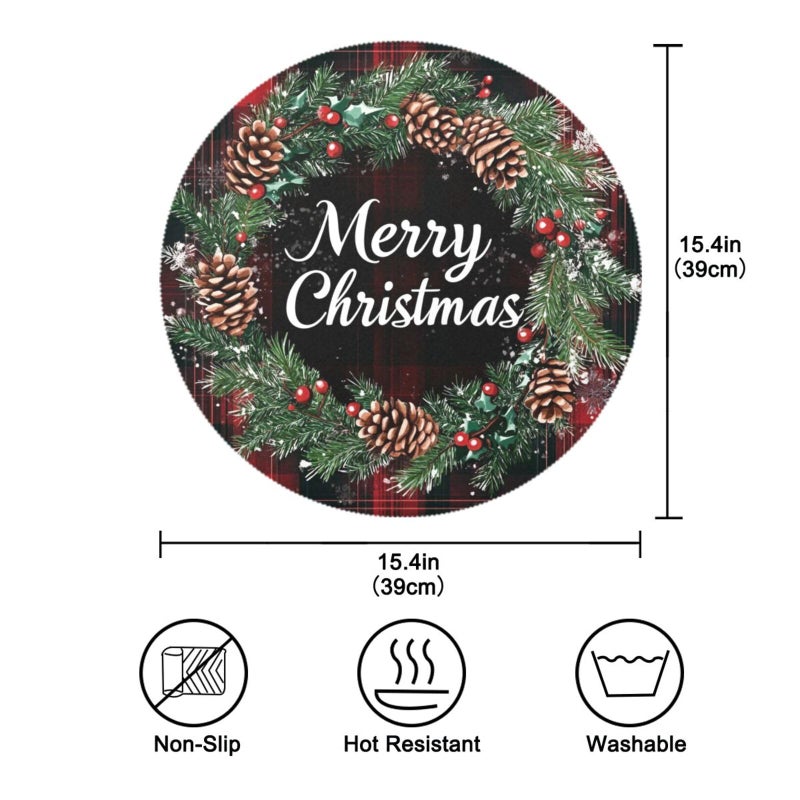 Kcldeci Merry Christmas Round Placemats Set of 4 for Dining Table, Xmas Place Mats Buffalo Check Plaid Wreath Heat Resistant Kitchen Table Mats 15 Inch, Easy to Care - Image 4