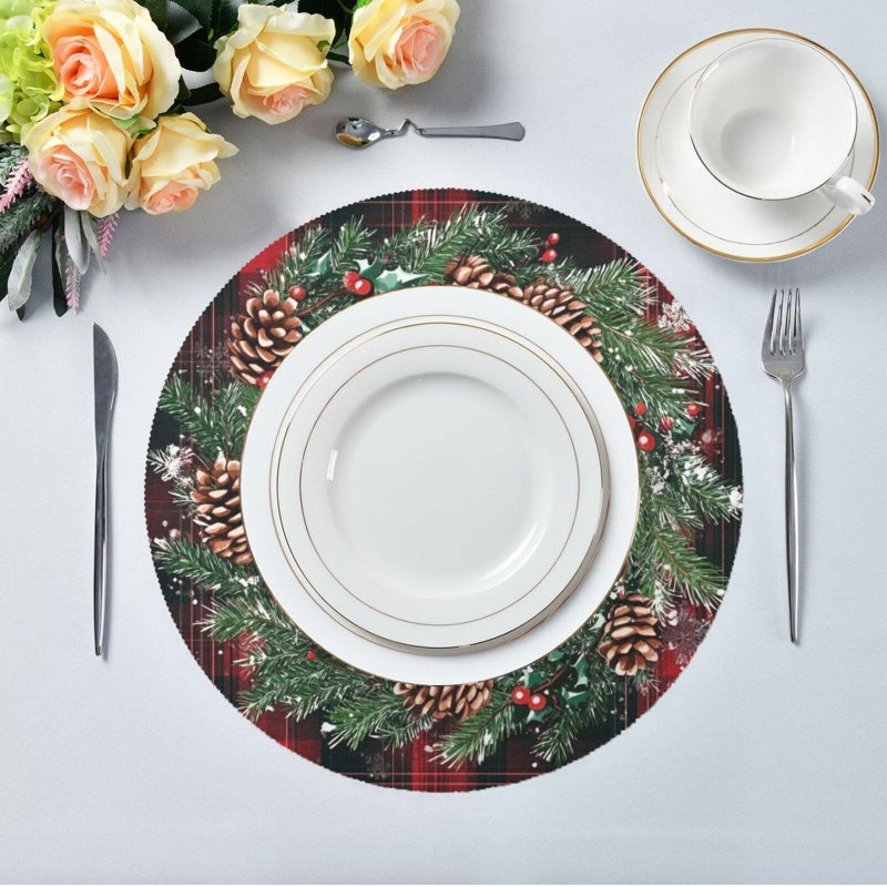 Kcldeci Merry Christmas Round Placemats Set of 4 for Dining Table, Xmas Place Mats Buffalo Check Plaid Wreath Heat Resistant Kitchen Table Mats 15 Inch, Easy to Care - Image 5