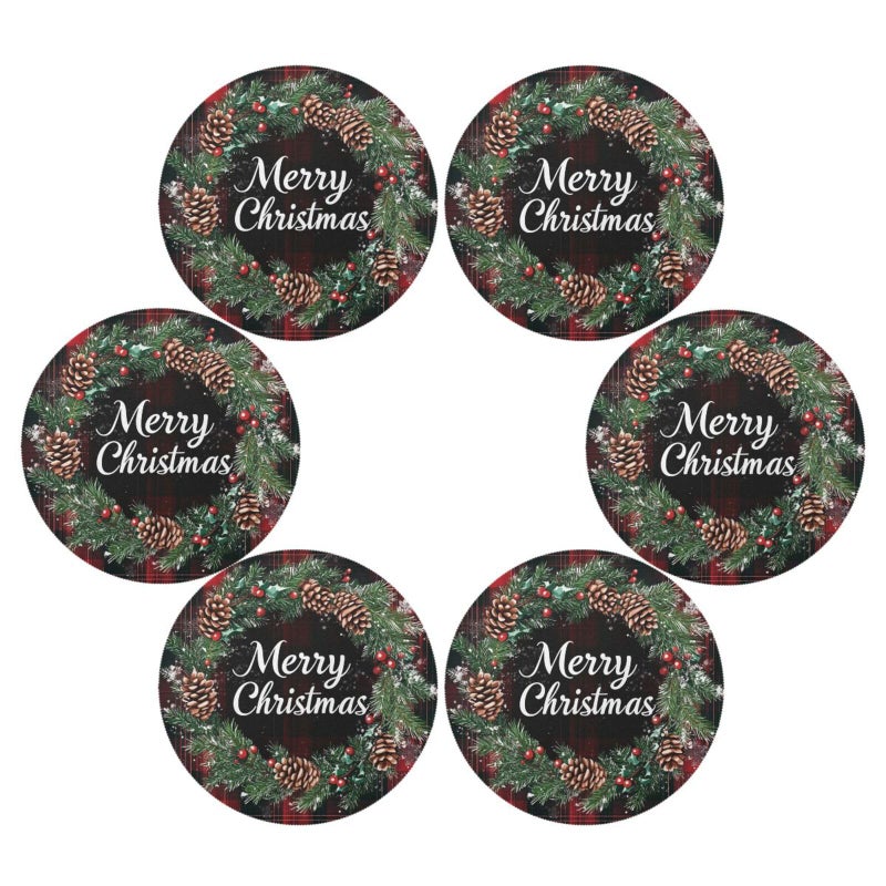 Kcldeci Merry Christmas Round Placemats Set of 4 for Dining Table, Xmas Place Mats Buffalo Check Plaid Wreath Heat Resistant Kitchen Table Mats 15 Inch, Easy to Care - Image 3