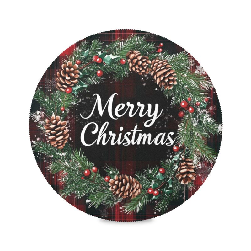 Kcldeci Merry Christmas Round Placemats Set of 4 for Dining Table, Xmas Place Mats Buffalo Check Plaid Wreath Heat Resistant Kitchen Table Mats 15 Inch, Easy to Care - Image 2