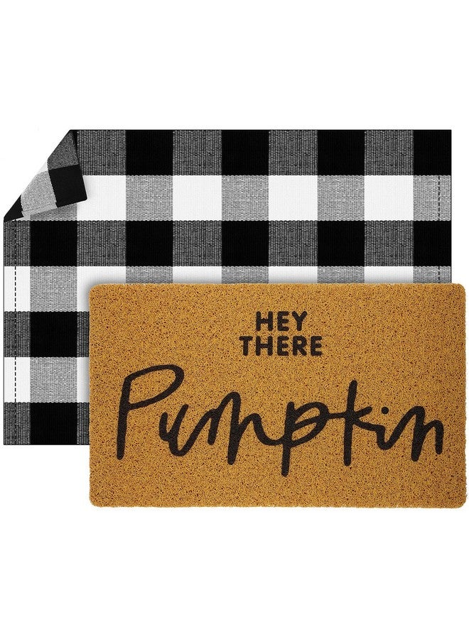 Fabbay فاباي 2 قطع سجادة ترحيب ليوم سانت باتريك بطبعة كاروهات مع شجر النفل سجادات من جوز الهند لمدخل الباب الداخلي والخارجي (كاروهات، مرحبًا يا قرع، أسود، أبيض) - Image 1