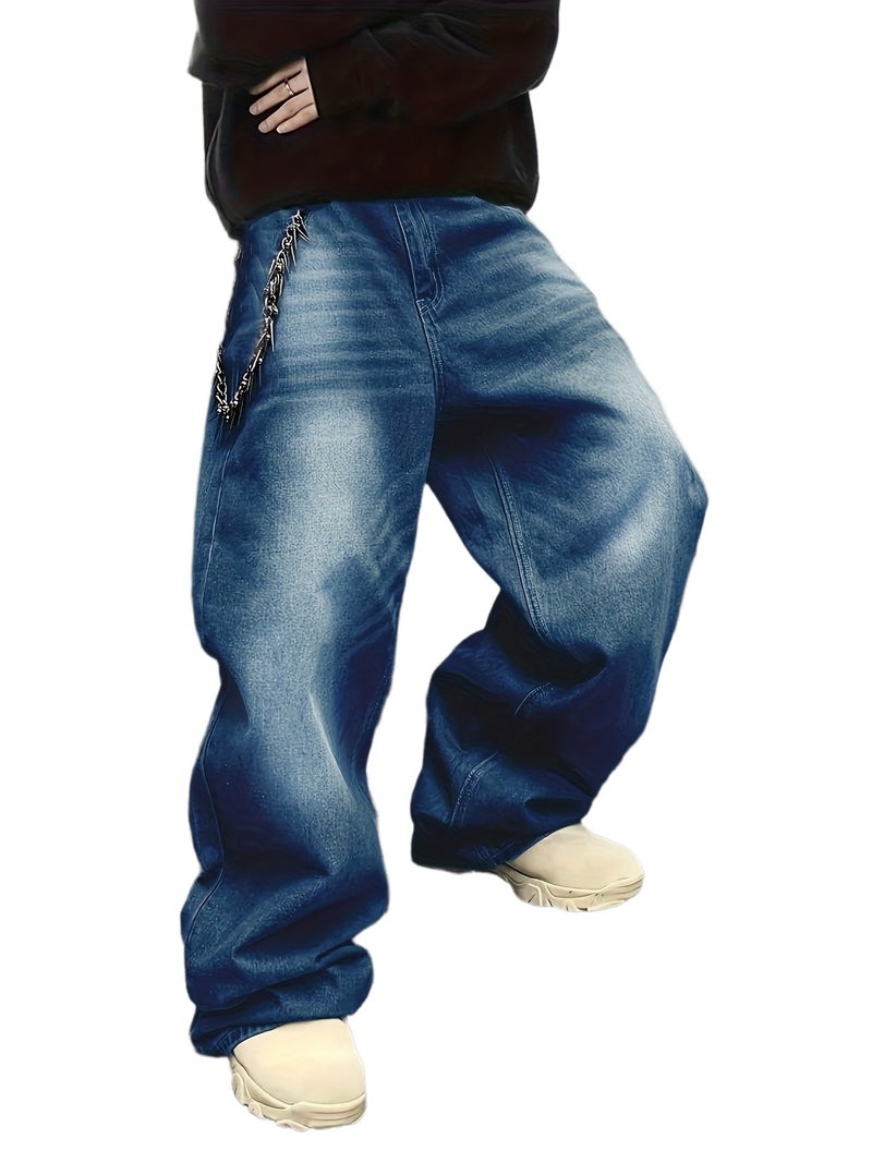 Men'S Ultra-Long Wide-Leg Trousers - Loose Fit Autumn Winter Over-The-Knee Boot Style, Washed Distressed Durable Denim Jeans, Urban Street Trendy And Formal Occasions - New Fashion Novelty - Image 1