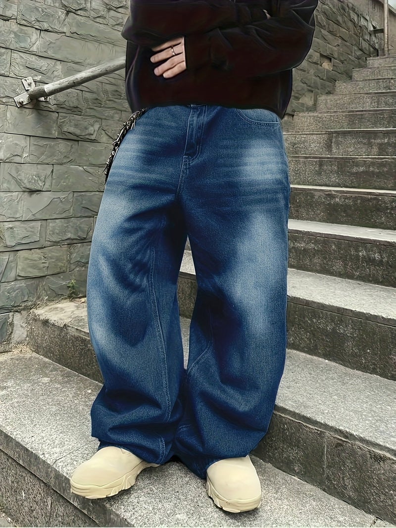 Men'S Ultra-Long Wide-Leg Trousers - Loose Fit Autumn Winter Over-The-Knee Boot Style, Washed Distressed Durable Denim Jeans, Urban Street Trendy And Formal Occasions - New Fashion Novelty - Image 5