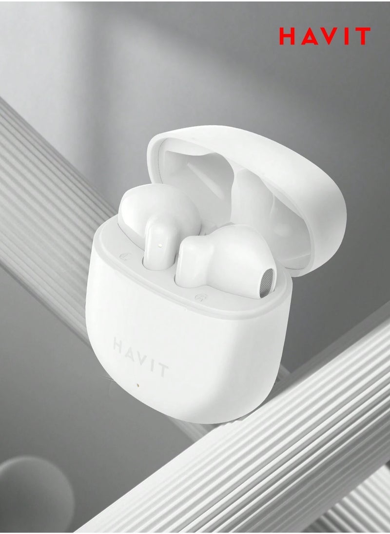 havit - True Wireless Earbuds with Stereo Sound, TWS Smart Touch Control, 25 Hours Playtime (Including Charging Case), Lightweight & Comfortable Design, Type-C Charging Port, Compatible with iOS, Android, PC, for Music, Calls, and Gaming - High-Quality Bluetooth Earbuds (White) - Image 1