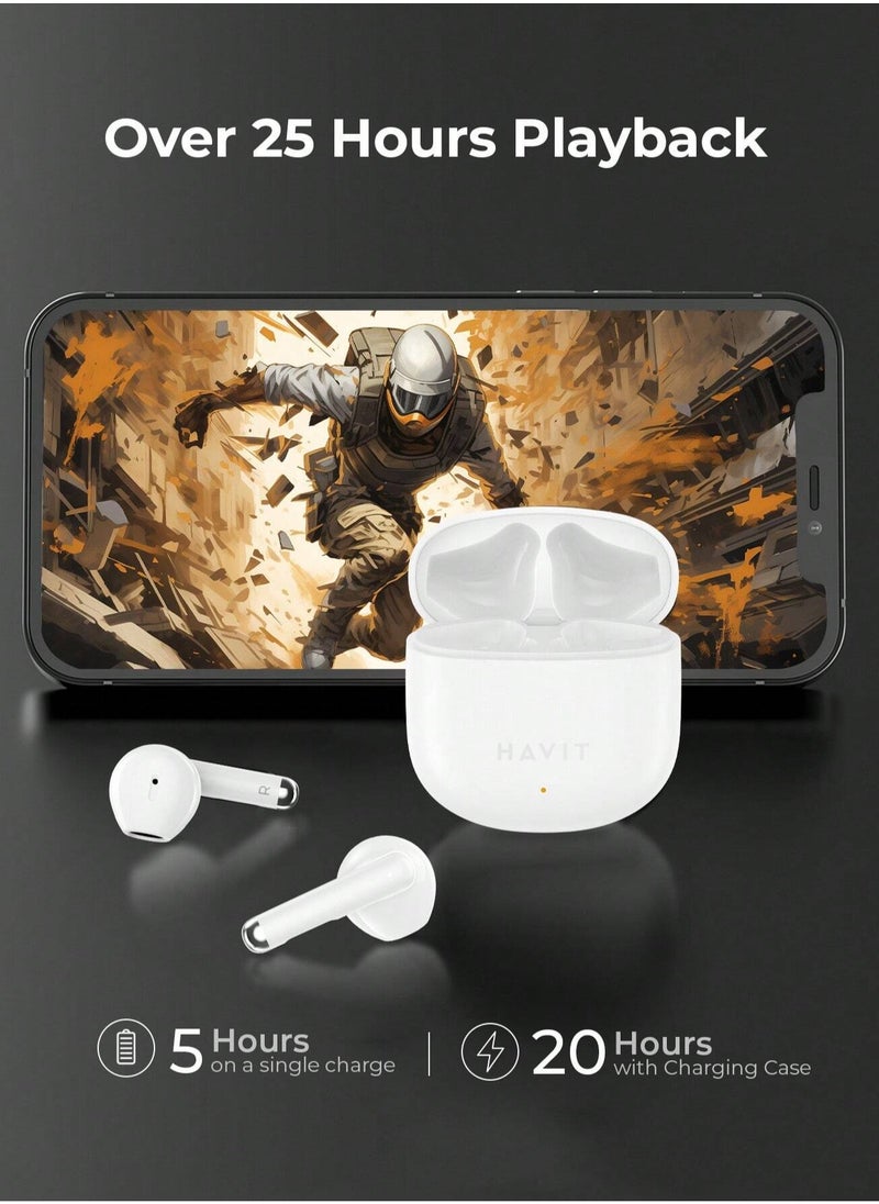 havit - True Wireless Earbuds with Stereo Sound, TWS Smart Touch Control, 25 Hours Playtime (Including Charging Case), Lightweight & Comfortable Design, Type-C Charging Port, Compatible with iOS, Android, PC, for Music, Calls, and Gaming - High-Quality Bluetooth Earbuds (White) - Image 1