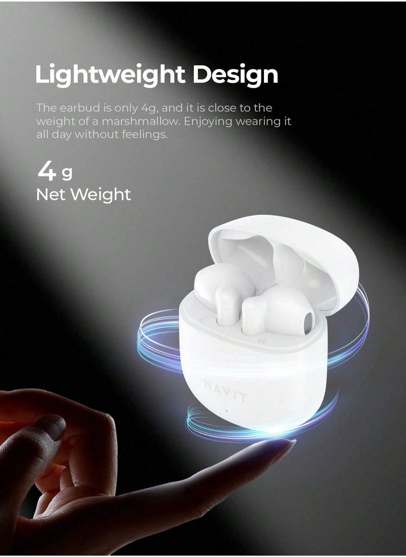havit - True Wireless Earbuds with Stereo Sound, TWS Smart Touch Control, 25 Hours Playtime (Including Charging Case), Lightweight & Comfortable Design, Type-C Charging Port, Compatible with iOS, Android, PC, for Music, Calls, and Gaming - High-Quality Bluetooth Earbuds (White) - Image 1