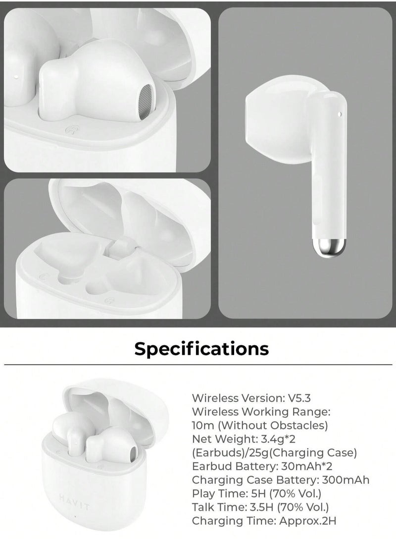 havit - True Wireless Earbuds with Stereo Sound, TWS Smart Touch Control, 25 Hours Playtime (Including Charging Case), Lightweight & Comfortable Design, Type-C Charging Port, Compatible with iOS, Android, PC, for Music, Calls, and Gaming - High-Quality Bluetooth Earbuds (White) - Image 1