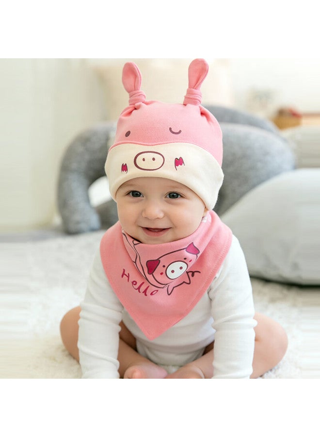9i9 Baby Fetal Cap Cute Warm Autumn Winter Fontanelle Hat Pink Piggy Bib Skin-friendly Set 0-8 Months F48