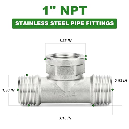TAISHER 2PCS 304 Stainless Steel Tee Pipe Fittings 1 NPT Male x 1 NPT Female x 1 NPT Male Pipe Fittings Female Branch Tee - Image 3