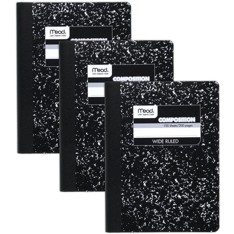 Mead Composition Notebook, 3 Pack, Wide Ruled Paper, 7-1/2" x 9-3/4", 100 Sheets per Comp Book, Black Marble (38301) - Image 1