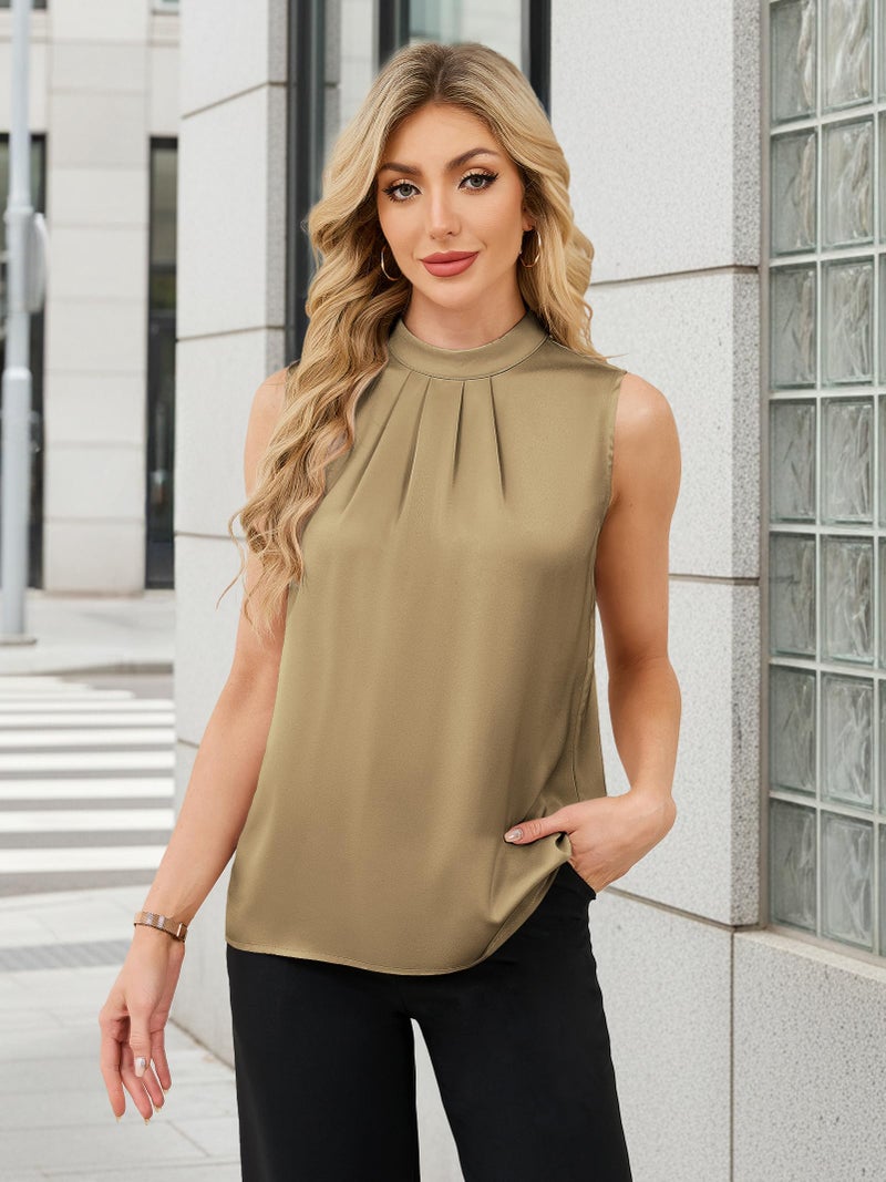 Funlingo Womens Dressy Tank Tops Summer Sleeveless Satin Silk Blouse Business Casual Mock Neck Tunic Work Shirt Pleated Clothes Khaki L - Image 2