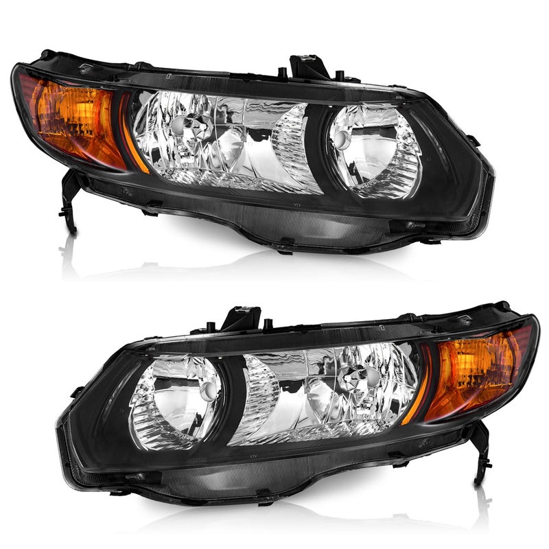 WEELMOTO for 2006-2011 Honda Civic 2-Door Coupe Headlight Assembly Pair Headlamp Black Housing Amber Reflector Left+Right Side - Image 1