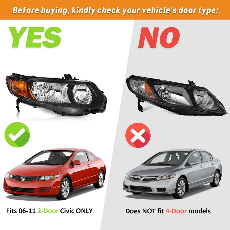 WEELMOTO for 2006-2011 Honda Civic 2-Door Coupe Headlight Assembly Pair Headlamp Black Housing Amber Reflector Left+Right Side - Image 3