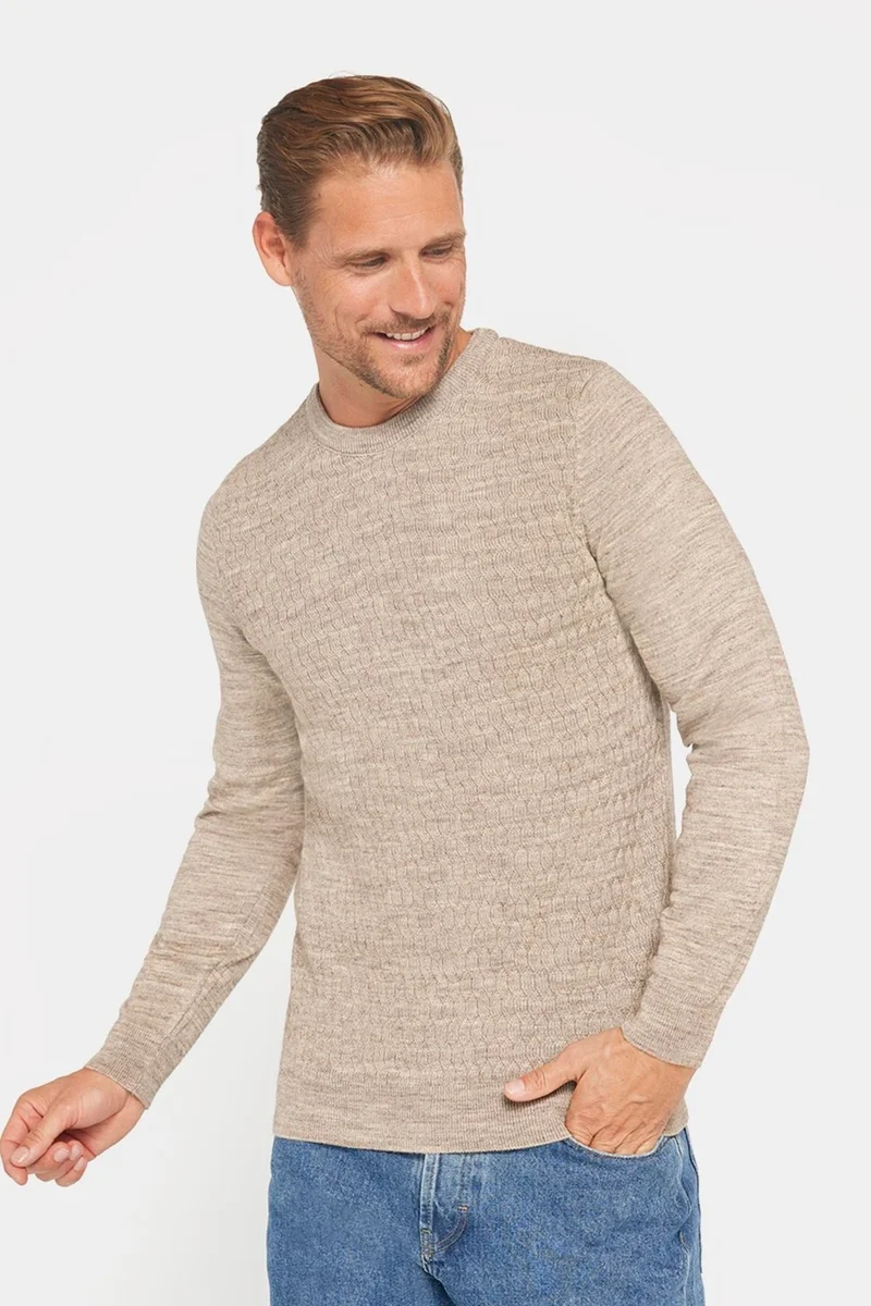 Tudors Slim Fit Crew Neck Self Patterned Beige Men's Knitwear Sweater