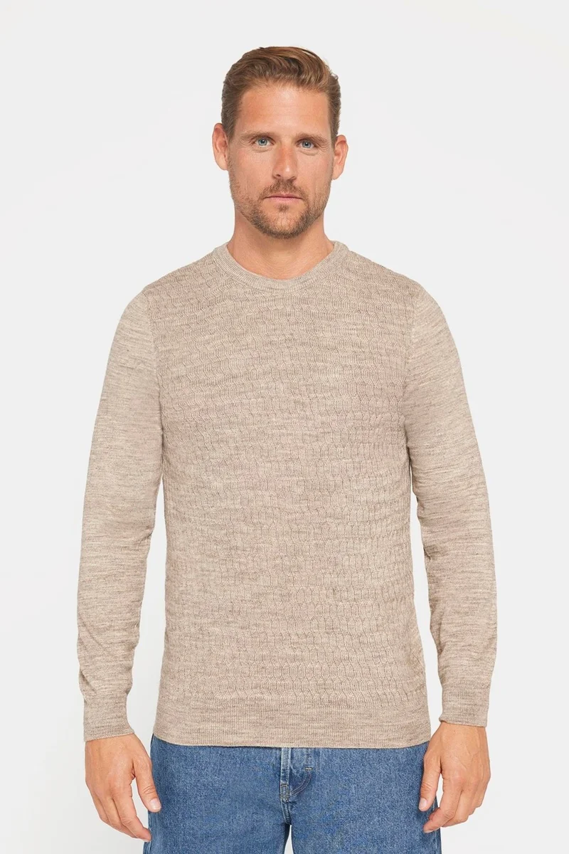 Tudors Slim Fit Crew Neck Self Patterned Beige Men's Knitwear Sweater
