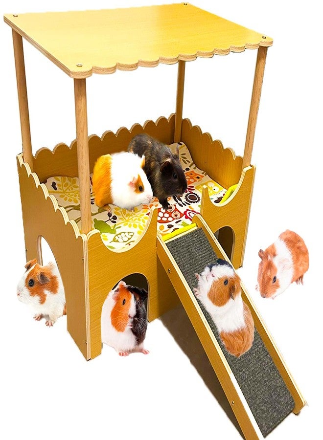 Fejapa Large Wooden Guinea Pig Hideout House 2 Tierd Guinea Pig Castle with Stairs and Mats Sturdy Wood House Bed Hut Habitats Chinchilla Hamster Toy Bunny Play Hiding Small Animal Bed with Stairs 2 Layers - Image 1