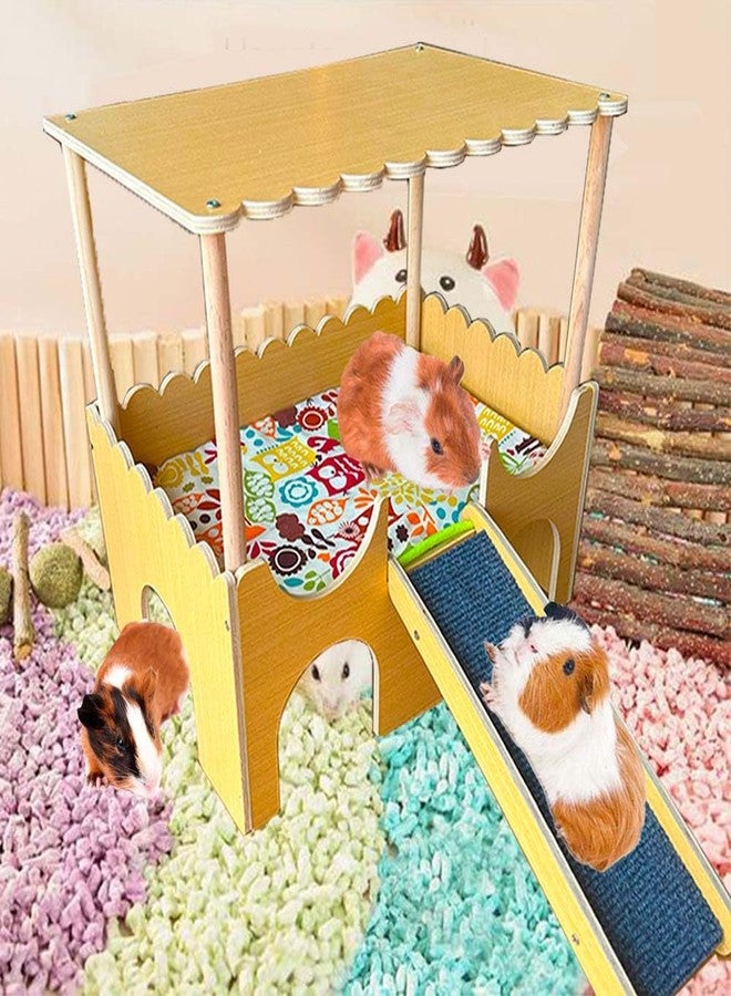 Fejapa Large Wooden Guinea Pig Hideout House 2 Tierd Guinea Pig Castle with Stairs and Mats Sturdy Wood House Bed Hut Habitats Chinchilla Hamster Toy Bunny Play Hiding Small Animal Bed with Stairs 2 Layers - Image 3