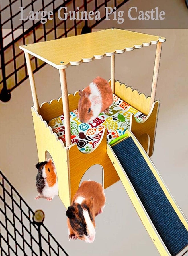 Fejapa Large Wooden Guinea Pig Hideout House 2 Tierd Guinea Pig Castle with Stairs and Mats Sturdy Wood House Bed Hut Habitats Chinchilla Hamster Toy Bunny Play Hiding Small Animal Bed with Stairs 2 Layers - Image 2