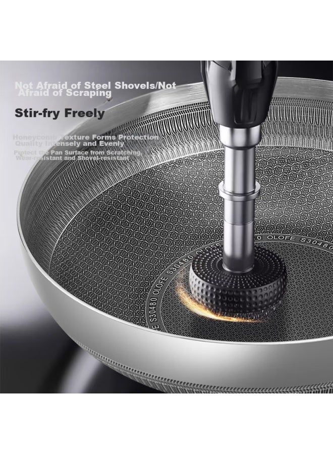 Olofe Antibacterial Stainless Steel Wok With Honeycomb Flat Bottom, Low Non-stick, Deep Frying Cooking Pan For Stir-frying And Stewing, 30cm - Image 3