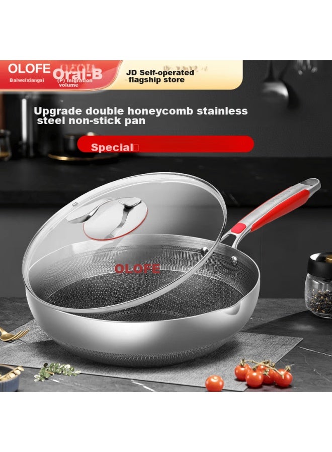 Olofe Antibacterial Stainless Steel Wok With Honeycomb Flat Bottom, Low Non-stick, Deep Frying Cooking Pan For Stir-frying And Stewing, 30cm - Image 1