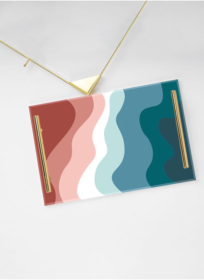 LOWHA Decorative Acrylic Serving Tray with Gold Color Metal Handles Colorful Painted Waves 20x30cm  - Image 3