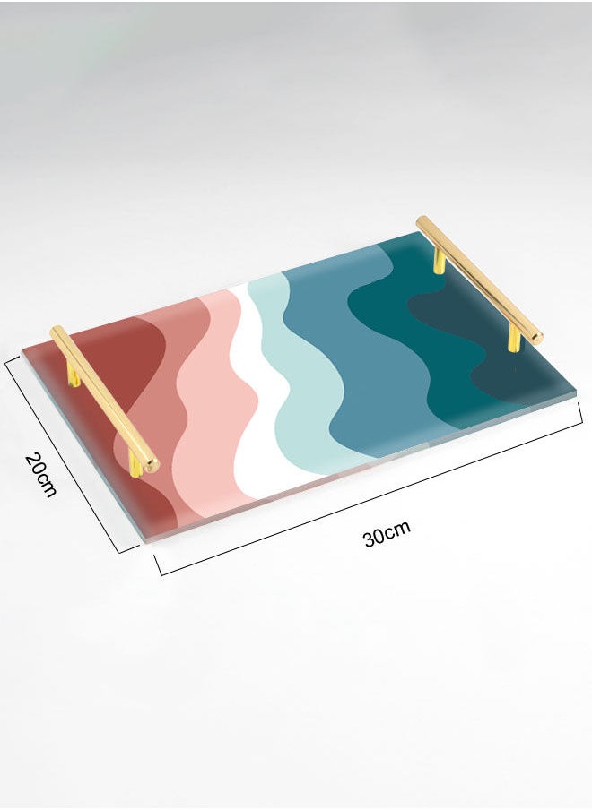LOWHA Decorative Acrylic Serving Tray with Gold Color Metal Handles Colorful Painted Waves 20x30cm  - Image 2