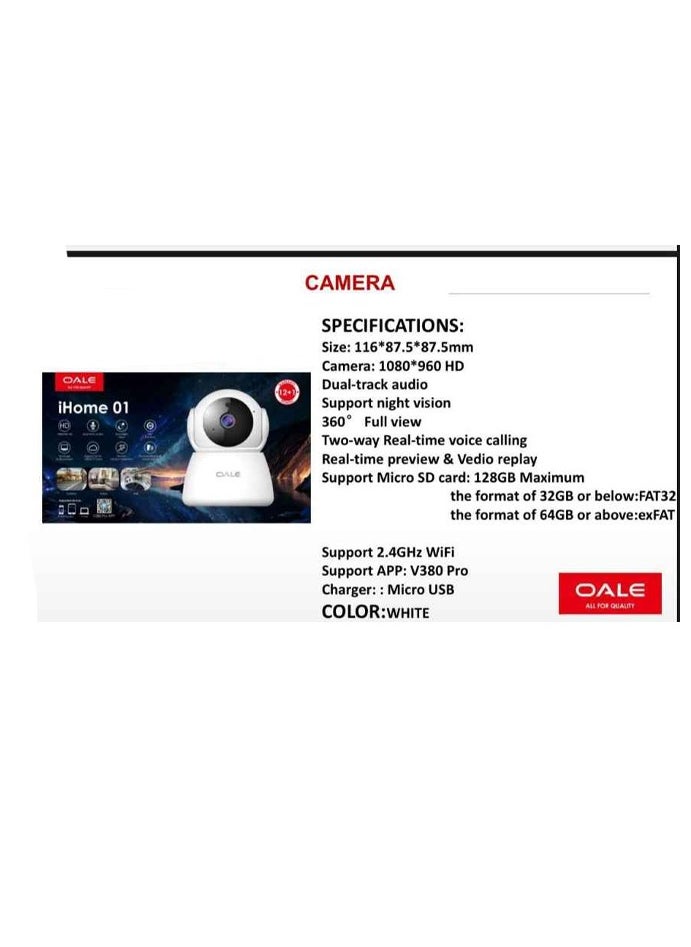 OALE - iHome 01 Security Camera Dual Track Audio Support Night Vision Motion Detect Security Camera 360 Full View Two Way Real Time Voice Calling Camera White - Image 1