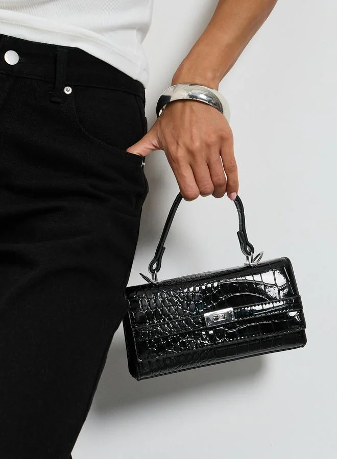 Black Croc-Effect Structured Handbag