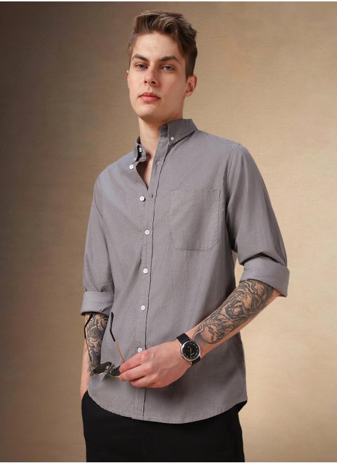 Men's Grey 100% Cotton Solid Button Down Relaxed Fit Shirt