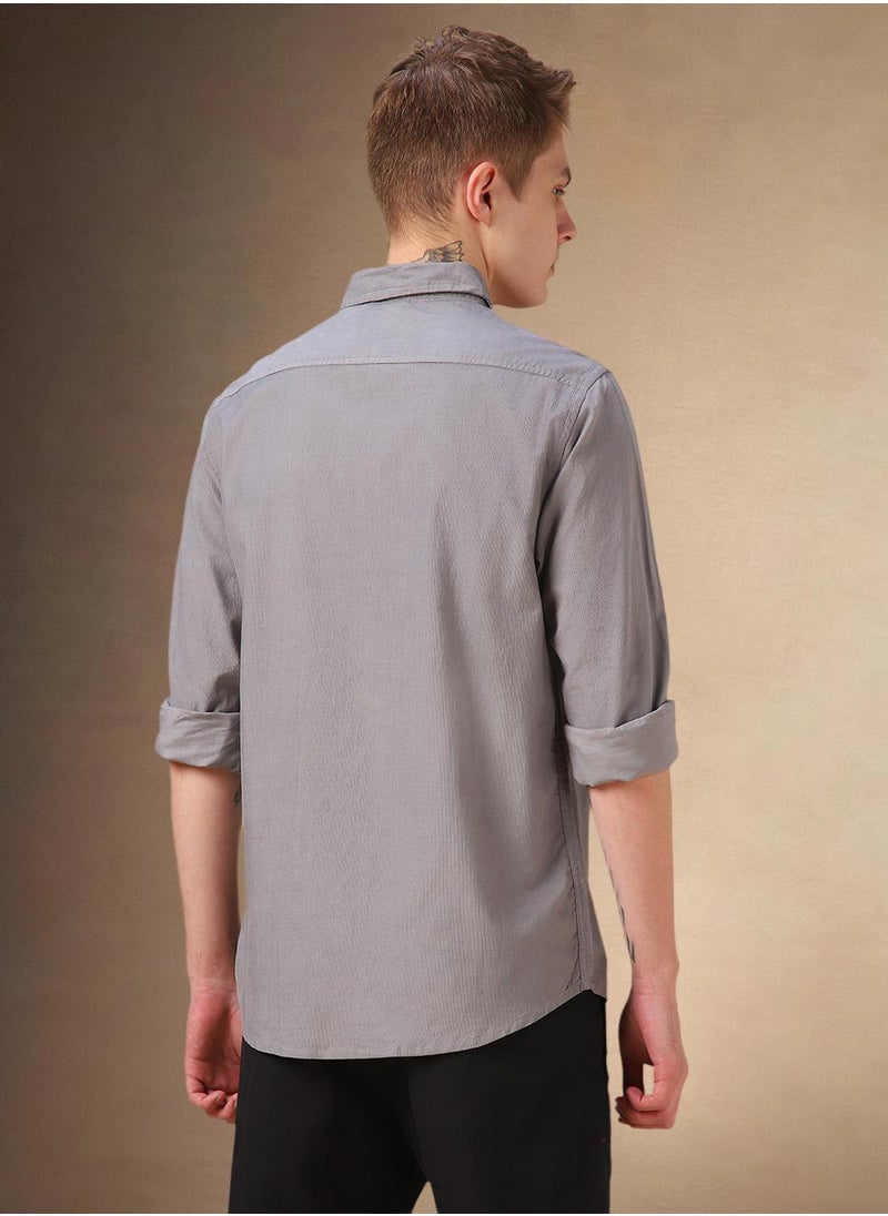 Dennis Lingo Men's Grey 100% Cotton Solid Button Down Relaxed Fit Shirt  - Image 3