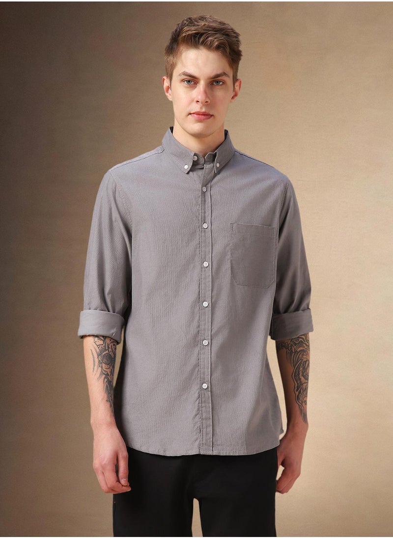 Men's Grey 100% Cotton Solid Button Down Relaxed Fit Shirt