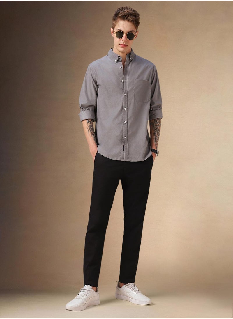 Dennis Lingo Men's Grey 100% Cotton Solid Button Down Relaxed Fit Shirt  - Image 5