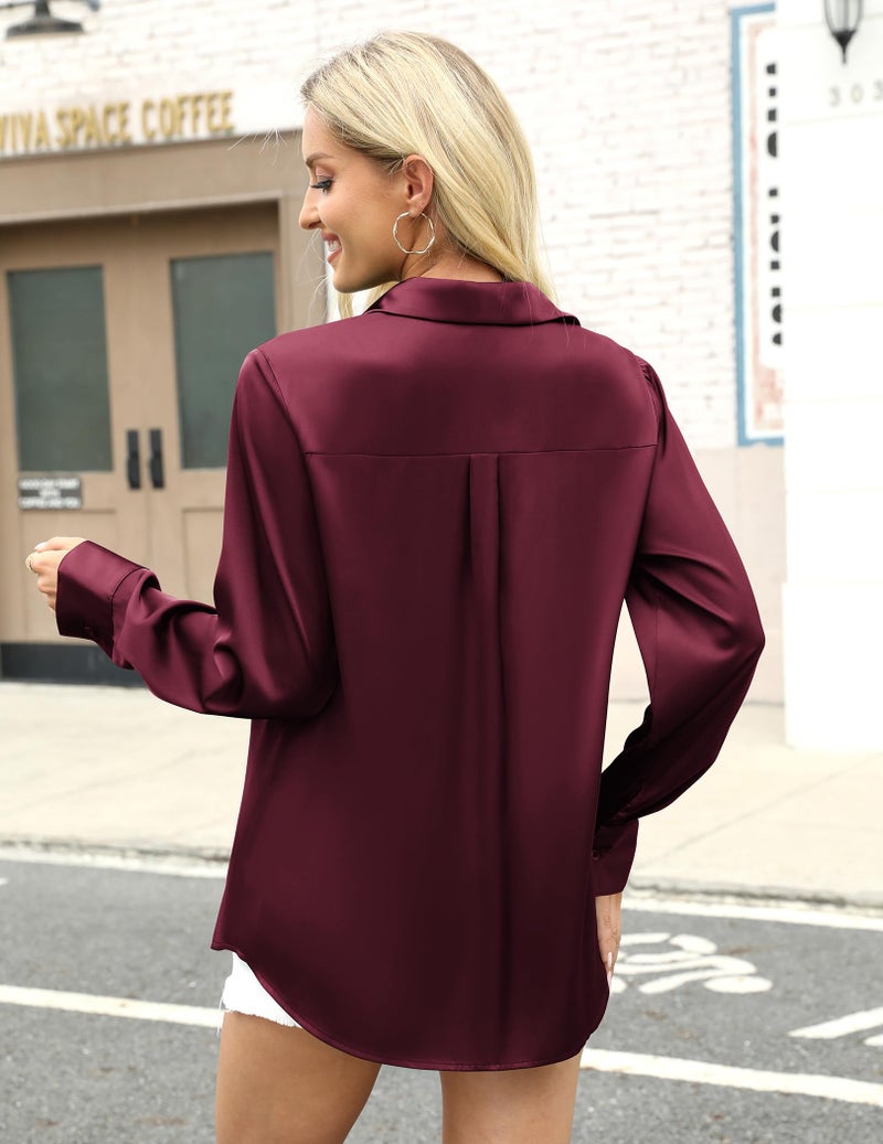 Zeagoo Satin Blouses for Women Long Sleeve Button Up Shirts Silk Tops Winter Outfits Wine Red - Image 5