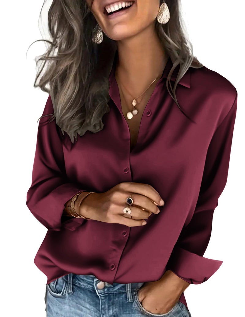 Zeagoo Satin Blouses for Women Long Sleeve Button Up Shirts Silk Tops Winter Outfits Wine Red - Image 1