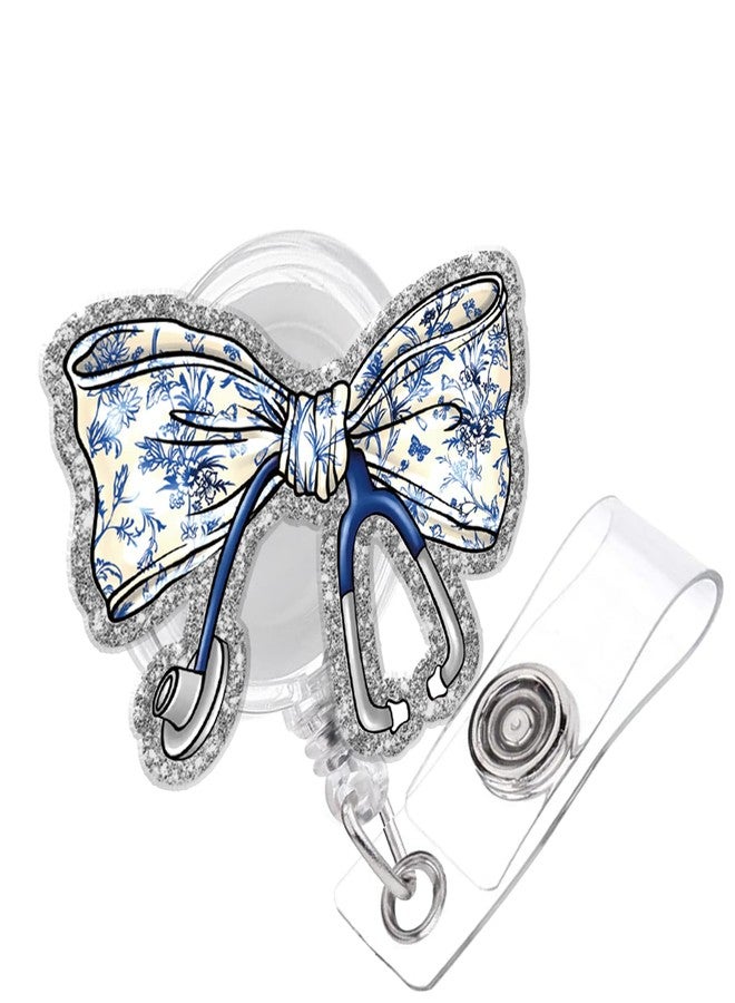 963RW Nurse Badge Reel Retractable ID with Clip, Blue Bow Stethoscope Badge Holder for Nurses RN EN Doctor Paramedic Teachers Medical Office Womens - Image 1