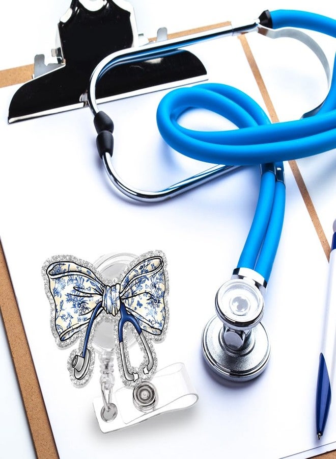 963RW Nurse Badge Reel Retractable ID with Clip, Blue Bow Stethoscope Badge Holder for Nurses RN EN Doctor Paramedic Teachers Medical Office Womens - Image 3