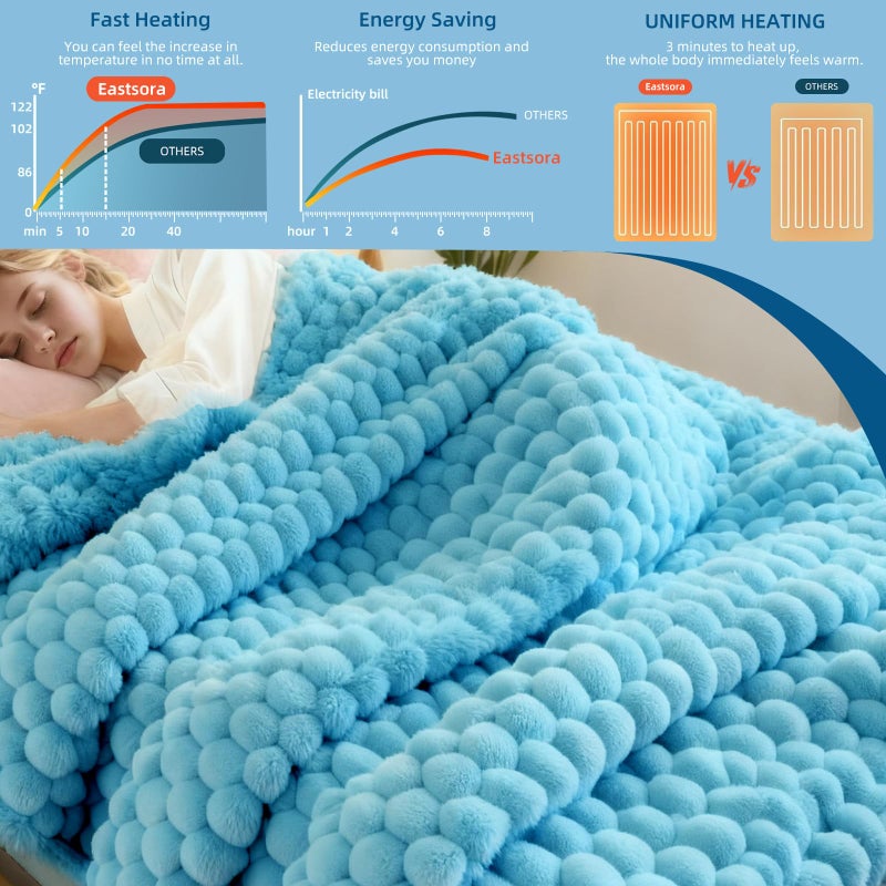 Eastsora Heated Blanket Flannel Throw Blanket, 50"X 60" Electric Heating Blanket with ETL & FCC & 12 Heating Levels & Auto Shut Offï¼ŒMachine Washable (Blue, Single - 50" x 60") - Image 4