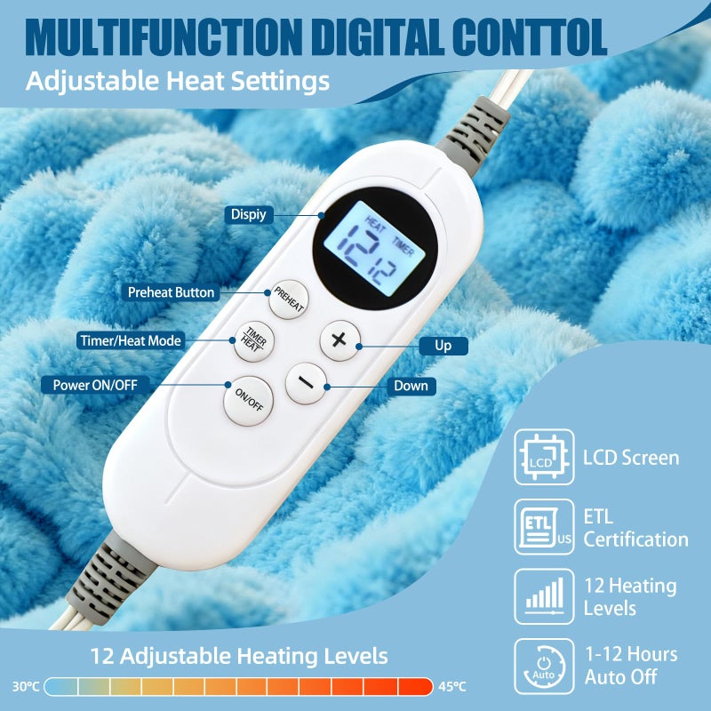Eastsora Heated Blanket Flannel Throw Blanket, 50"X 60" Electric Heating Blanket with ETL & FCC & 12 Heating Levels & Auto Shut Offï¼ŒMachine Washable (Blue, Single - 50" x 60") - Image 3