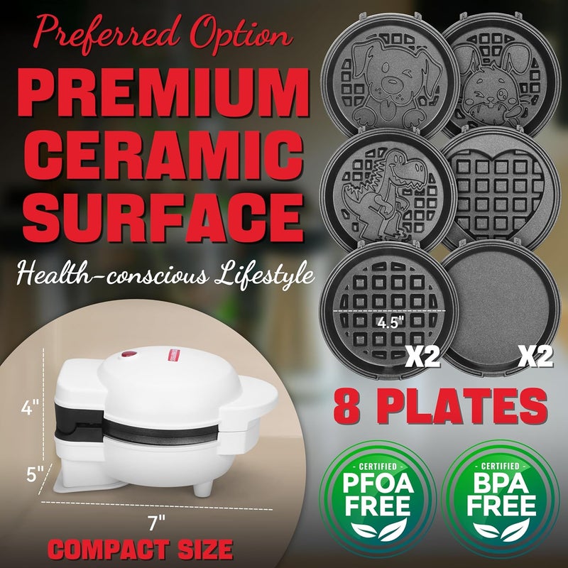 SugarWhisk 6-in-1 Mini Waffle Maker With Removable Plates, 4.5'' Mini Waffle Iron for Holidays, Parties & Events Waffle Maker Machine, 8 Plates with Premium Ceramic Coating, White - Image 3