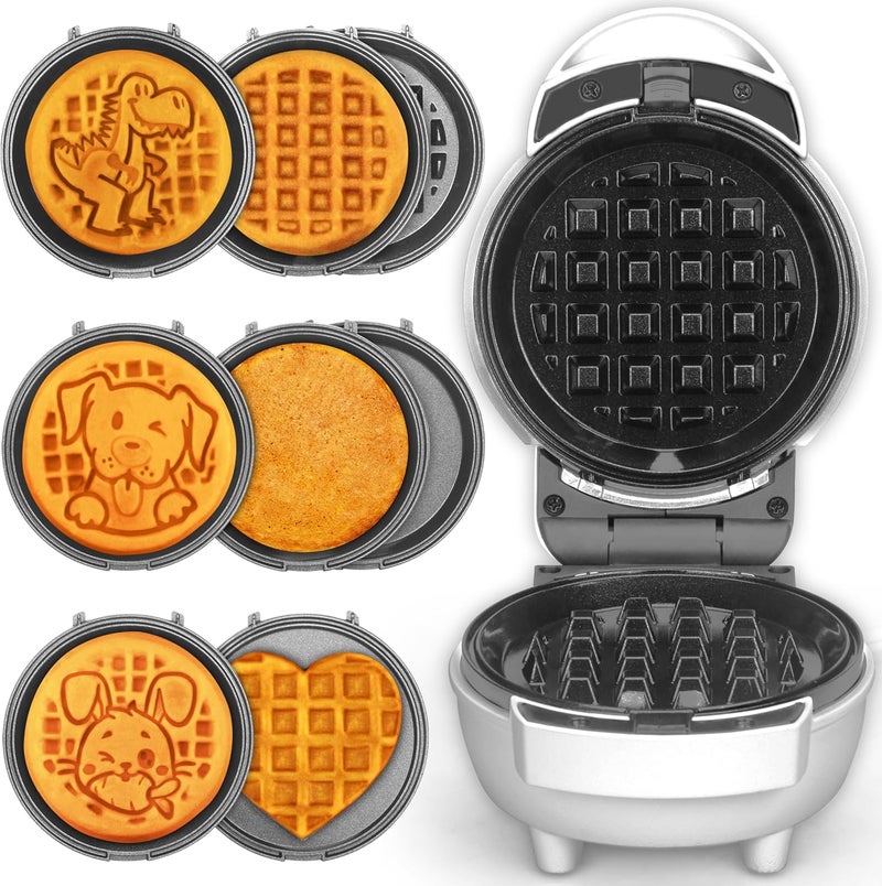 SugarWhisk 6-in-1 Mini Waffle Maker With Removable Plates, 4.5'' Mini Waffle Iron for Holidays, Parties & Events Waffle Maker Machine, 8 Plates with Premium Ceramic Coating, White - Image 1